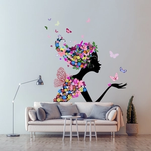 Artistic wall decal featuring floral female silhouette and colorful butterfly design for living rooms