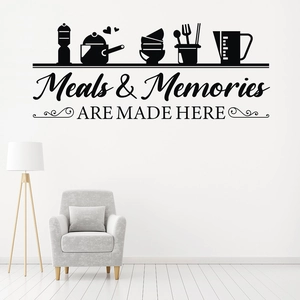 Modern kitchen wall sticker with Meals & Memories lettering and cookware silhouettes