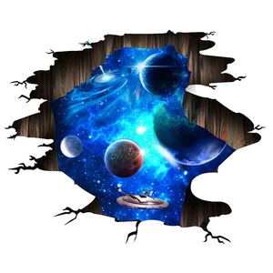 3D outer space wall sticker featuring broken wall effect with galaxy and spaceship