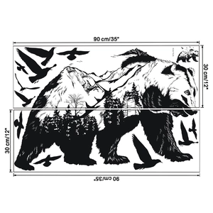 Forest bear wall sticker layout with black silhouette design and dimension marks