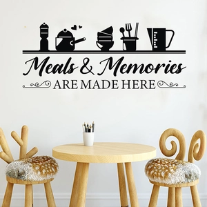 Meals and Memories Are Made Here kitchen wall decal with silhouettes of cookware and dishes