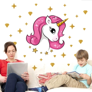 Cartoon unicorn wall sticker with gold stars and diamonds for kids room wall decor