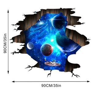 Detail view of 90cm 3D galaxy wall sticker with cracked wall effect and spaceship