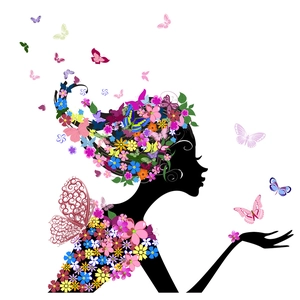 Macro detail of female silhouette wall decal with colorful floral hair and butterflies