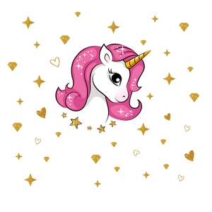 Cartoon unicorn wall sticker with gold stars, pink mane and diamond decor for kids room