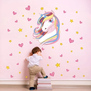 Cartoon unicorn wall decal with stars and hearts for children's room decoration