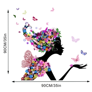 Detail showing dimension 90cm of floral girl wall sticker with butterflies and colorful flowers