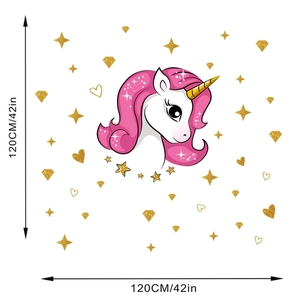 Detailed view of unicorn wall sticker with stars and size markings for home decoration