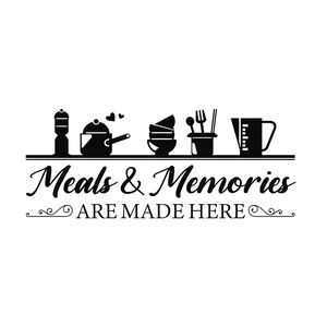 Black kitchen wall decal with kitchenware silhouettes and Meals and Memories text