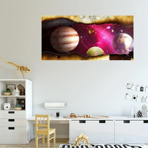 Detailed 3D outer space wall decal with cracked wall effect and celestial nebula design