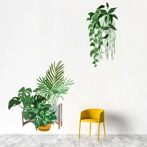 Modern Minimalist PVC Green Leaves Potted Plant Wall Sticker Monstera Palm Leaf Waterproof Wall Decal For Living Room Home Decor
