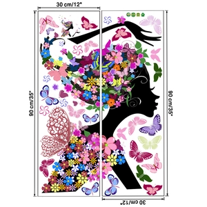 Detailed view of floral wall sticker dimensions with flowers and butterfly silhouette art