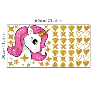 Detailed view of unicorn wall sticker sheet with pink hair and gold glitter stars
