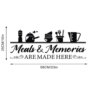 Detailed dimensions of black kitchen wall decal with cutlery silhouettes and quote