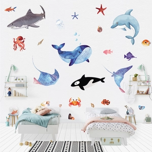 Watercolor Marine Life Wall Stickers Kids Room Shark Whale Octopus Dolphin Undersea PVC Waterproof Wall Decals Nursery Decor