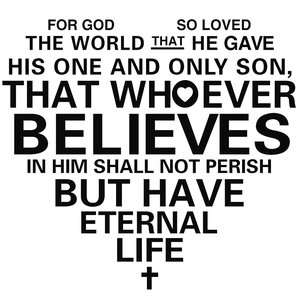 Religious heart-shaped wall sticker with black Bible scripture and cross design