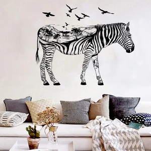 Artistic zebra silhouette wall sticker featuring mountain landscape in modern living room