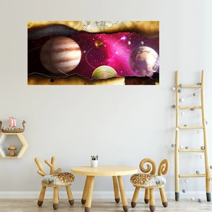 Detailed 3D outer space wall sticker with Jupiter and Earth planet mural for bedroom