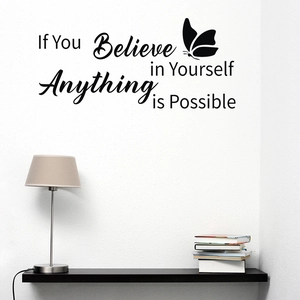 Detail showing 'If You Believe in Yourself' butterfly vinyl wall decal in a home office