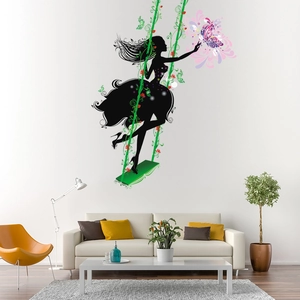 Detail of girl on swing wall sticker with green vines and purple butterflies in living room