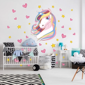 Colorful unicorn wall stickers with stars and hearts for children room decoration