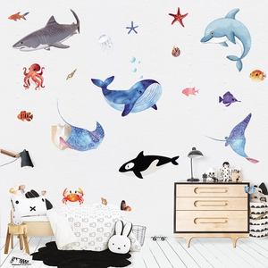 Ocean life watercolor wall decals featuring whales and sharks for kids room decor