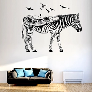 Detail of zebra silhouette wall sticker featuring internal mountain and forest scenery