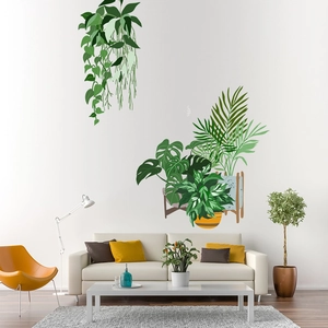 Minimalist living room wall sticker featuring hanging green plants and realistic leaves