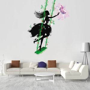 Elegant woman on swing wall sticker with green vines and purple butterflies for home decor