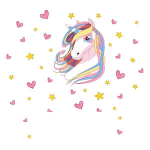 Cartoon unicorn wall stickers with colorful mane and yellow stars for kids' bedroom decor