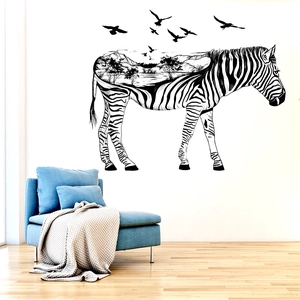 Artistic zebra wall decal featuring forest silhouette and flying birds for minimalist decor