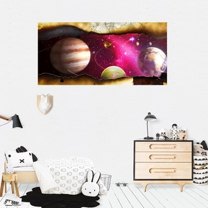3D outer space wall decal with Jupiter and Earth through a torn wall for kids room