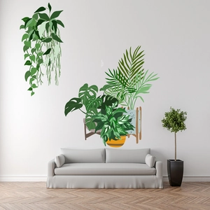 Modern tropical green plant wall stickers featuring monstera and hanging basket leaves
