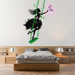 Detail of elegant fairy silhouette wall sticker with colorful butterflies and flowers