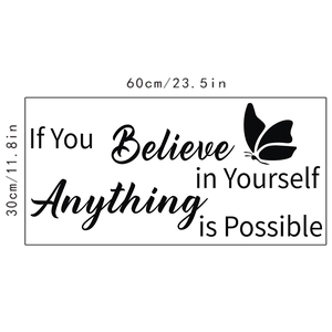 Close-up of inspirational quote wall sticker with butterfly design and dimensions