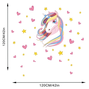 Unicorn wall decal detail showing dimensions 120cm with pink hearts and yellow stars