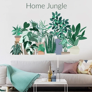 Modern Nordic green plant wall stickers featuring Monstera and potted jungle patterns