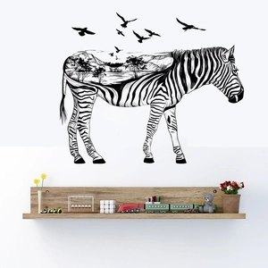 Artistic zebra silhouette wall decal with mountain landscape and birds for home decor