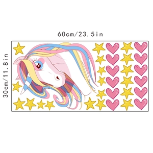 Cartoon unicorn wall stickers with stars and hearts measuring 60cm by 30cm for bedroom