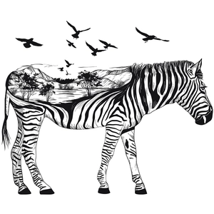 Close-up of zebra silhouette wall sticker featuring double exposure mountain landscape