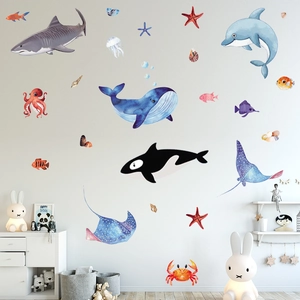 Watercolor sea creature wall stickers set featuring sharks and dolphins for kids rooms