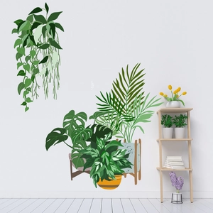 Tropical green leaves and hanging basket wall stickers for living room and bedroom decor