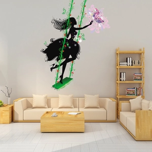 Detail of girl silhouette on floral swing wall sticker with pink flowers and butterflies