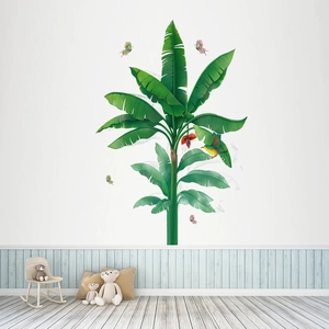 Tropical banana tree wall sticker with green leaves and butterflies for living room decor