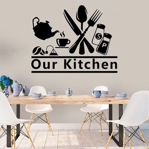 Our Kitchen vinyl wall sticker with cutlery and coffee cup motifs for dining room decor