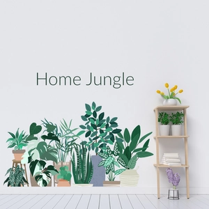 Nordic style tropical green leaf wall decals with Home Jungle text for home decor