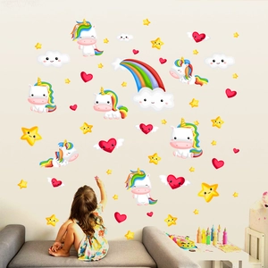 Rainbow unicorn heart wall stickers with cartoon clouds for girls bedroom decor