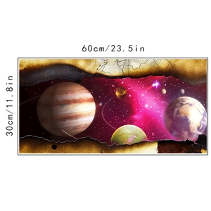 Macro view of 3D galaxy wall sticker with planet motifs and 60x30cm size specs