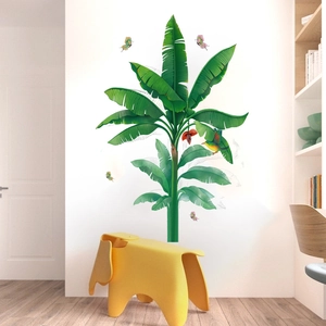 Tropical banana tree wall decal with green leaves and colorful butterflies for home decor