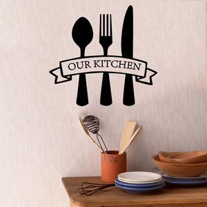Removable black vinyl Our Kitchen wall sticker featuring cutlery and decorative banner